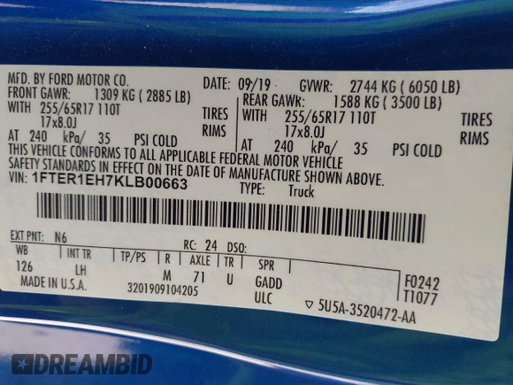 2019 Ford Ranger XL with VIN 1FTER1EH7KLB00663, listed as a IAAI auction lot 41118516 with 76,555 mi miles and . Bid and sale history available at DreamBid. Image 9.