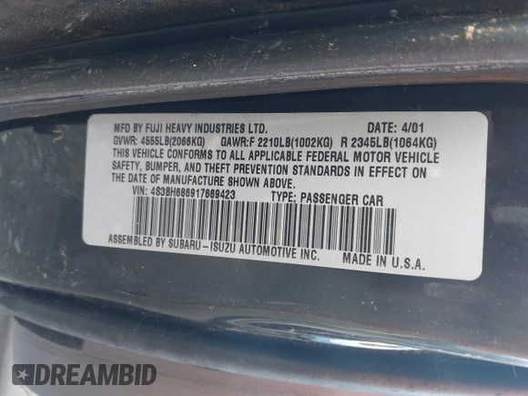 2001 Subaru Legacy Outback Limited с VIN 4S3BH686917669423, выставлен на аукционе IAAI как лот 42519200 с пробегом 889 430 миль миль и . История ставок и продаж доступна на DreamBid. Изображение 9.