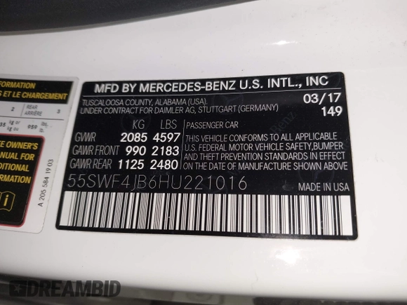2017 Mercedes-Benz C 300 with VIN 55SWF4JB6HU221016, listed as a IAAI auction lot 42725326 with 113,432 mi miles and . Bid and sale history available at DreamBid. Image 9.