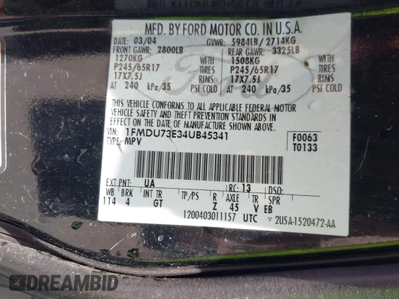 2004 Ford Explorer XLT с VIN 1FMDU73E34UB45341, выставлен на аукционе IAAI как лот 42064184 с пробегом 195 423 миль миль и . История ставок и продаж доступна на DreamBid. Изображение 9.
