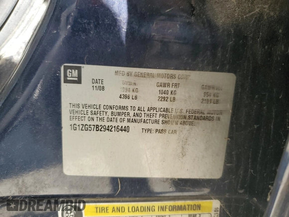 2009 Chevrolet Malibu 1LS with VIN 1G1ZG57B294216440, listed as a Copart auction lot 51067945 with Not Provided miles and Non Repairable. Bid and sale history available at DreamBid. Image 12.