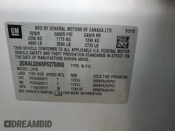 2015 Chevrolet Equinox LT with VIN 2GNALBEK6F6275090, listed as a Copart auction lot 54790725 with 154,270 mi miles and Salvage Title. Bid and sale history available at carsss.com. Image 14.