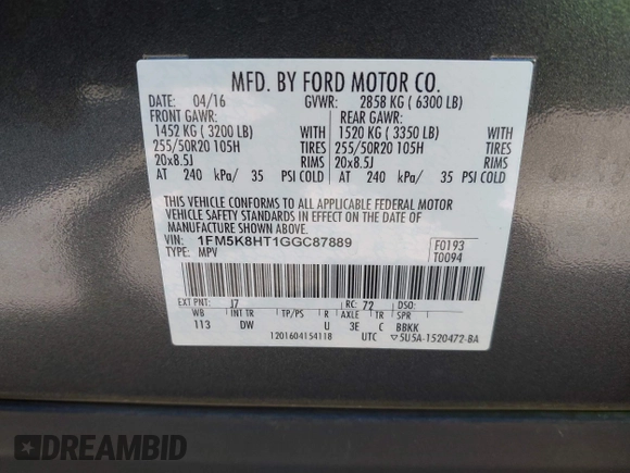 2016 Ford Explorer Platinum with VIN 1FM5K8HT1GGC87889, listed as a IAAI auction lot 42664132 with 109,544 mi miles and . Bid and sale history available at DreamBid. Image 9.