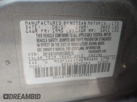 2017 Nissan Sentra SV with VIN 3N1AB7AP4HY389815, listed as a IAAI auction lot 41598305 with 223,729 mi miles and . Bid and sale history available at DreamBid. Image 9.