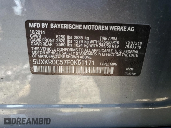 2015 BMW X5 xDrive35i z VIN 5UXKR0C57F0K61171, wystawiony jako Copart lot #57555405 z przebiegiem 119 664 mil mil oraz Szkoda całkowita • Salvage title. Historia ofert i sprzedaży dostępna na DreamBid. Obrazek 13.