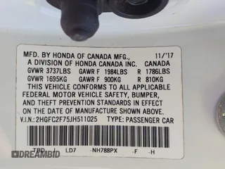 2018 Honda Civic EX with VIN 2HGFC2F75JH511025, listed as a IAAI auction lot 41768733 with 56,707 mi miles and . Bid and sale history available at DreamBid. Image 9.