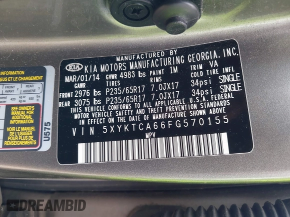 2015 Kia Sorento LX with VIN 5XYKTCA66FG570155, listed as a IAAI auction lot 42123965 with 110,748 mi miles and . Bid and sale history available at carsss.com. Image 9.