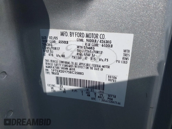 2005 Ford F-250 XL с VIN 1FTSX20Y75EC35883, выставлен на аукционе IAAI как лот 42548897 с пробегом 303 644 миль миль и . История ставок и продаж доступна на DreamBid. Изображение 9.