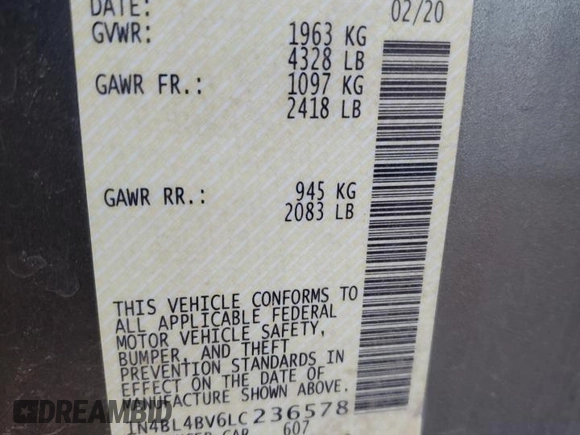 2020 Nissan Altima S with VIN 1N4BL4BV6LC236578, listed as a Copart auction lot 48825645 with 136,267 mi miles and Salvage Title. Bid and sale history available at carsss.com. Image 14.