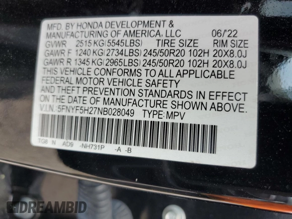 2022 Honda Pilot Special Edition with VIN 5FNYF5H27NB028049, listed as a Copart auction lot 53550535 with 49,813 mi miles and Salvage title. Bid and sale history available at DreamBid. Image 13.