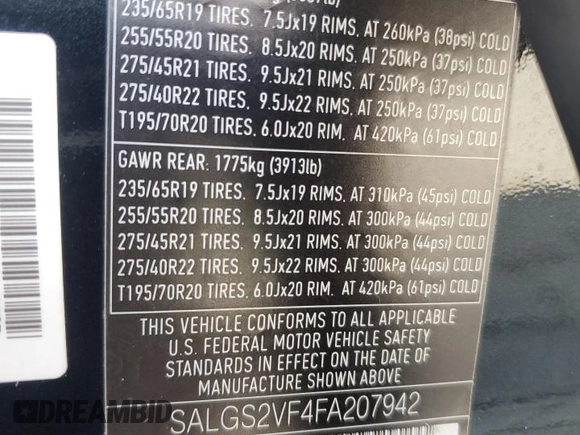 2015 Land Rover Range Rover HSE with VIN SALGS2VF4FA207942, listed as a Copart auction lot 60699825 with 80,472 mi miles and Salvage title. Bid and sale history available at DreamBid. Image 12.