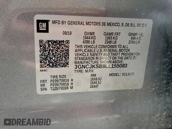 2020 Chevrolet Trax LS with VIN 3GNCJKSB9LL155083, listed as a Copart auction lot 61875195 with 88,417 mi miles and Salvage title. Bid and sale history available at DreamBid. Image 13.