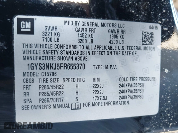 2015 Cadillac Escalade Premium z VIN 1GYS3NKJ5FR655370, wystawiony jako IAAI lot #41764570 z przebiegiem Nie podano mil oraz . Historia ofert i sprzedaży dostępna na DreamBid. Obrazek 9.