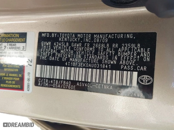 2010 Toyota Camry with VIN 4T1BF3EK0AU031841, listed as a IAAI auction lot 41978436 with 110,309 mi miles. Bid and sale history available at carsss.com. Image 9.