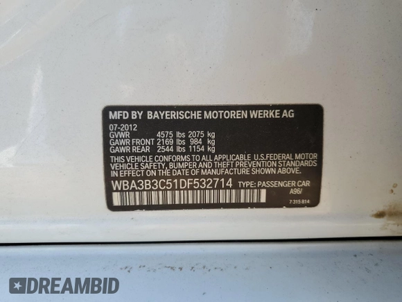2013 BMW 3 Series 328i xDrive with VIN WBA3B3C51DF532714, listed as a Copart auction lot 57854735 with 140,650 mi miles and Salvage title. Bid and sale history available at DreamBid. Image 12.