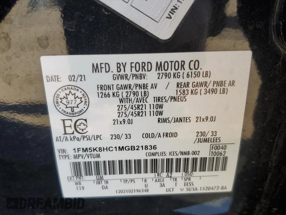 2021 Ford Explorer Platinum with VIN 1FM5K8HC1MGB21836, listed as a Copart auction lot 42289045 with 48,303 mi miles and Salvage Title. Bid and sale history available at carsss.com. Image 13.