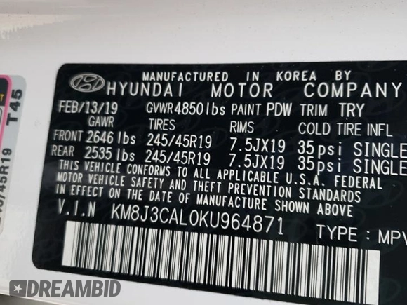 2019 Hyundai Tucson Ultimate z VIN KM8J3CAL0KU964871, wystawiony jako Copart lot #69116901 z przebiegiem 53 683 mil mil oraz . Historia ofert i sprzedaży dostępna na DreamBid. Obrazek 10.