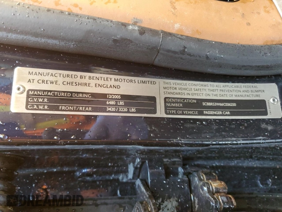 2006 Bentley Flying Spur with VIN SCBBR53W66C036250, listed as a Copart auction lot 45051875 with Not Provided miles and Salvage Title. Bid and sale history available at DreamBid. Image 12.