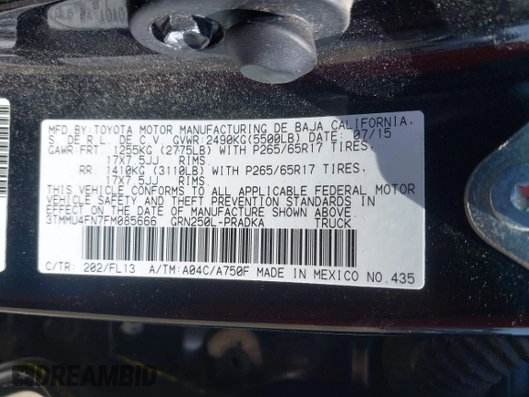 2015 Toyota Tacoma with VIN 3TMMU4FN7FM085666, listed as a IAAI auction lot 42051241 with 224,513 mi miles and . Bid and sale history available at DreamBid. Image 9.