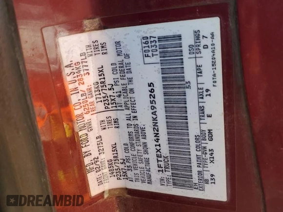 1992 Ford F-150 с VIN 1FTEX14N2NKA95265, выставлен на аукционе Copart как лот 58035325 с пробегом 185 353 миль миль и Чистый • Clean title. История ставок и продаж доступна на DreamBid. Изображение 12.