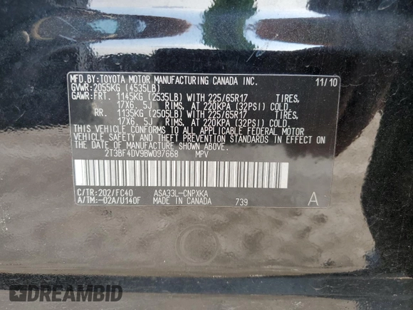 2011 Toyota RAV4 with VIN 2T3BF4DV9BW097668, listed as a Copart auction lot 68707374 with 105,422 mi miles and Salvage Title. Bid and sale history available at carsss.com. Image 13.