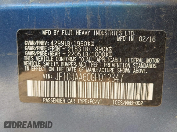 2016 Subaru Impreza z VIN JF1GJAA60GH012347, wystawiony jako IAAI lot #42077606 z przebiegiem 126 546 mil mil oraz . Historia ofert i sprzedaży dostępna na DreamBid. Obrazek 9.