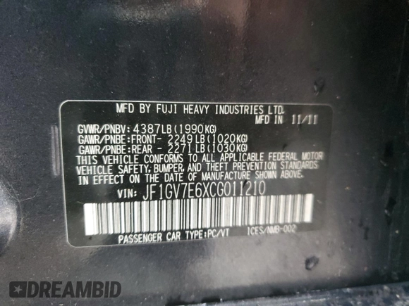 2012 Subaru WRX WRX z VIN JF1GV7E6XCG011210, wystawiony jako Copart lot #81972274 z przebiegiem 136 255 mil mil oraz Szkody całkowita. Historia ofert i sprzedaży dostępna na DreamBid. Obrazek 12.