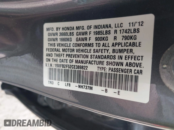 2012 Honda Civic LX z VIN 19XFB2F52CE389822, wystawiony jako IAAI lot #41960928 z przebiegiem 66 170 mil mil oraz . Historia ofert i sprzedaży dostępna na DreamBid. Obrazek 9.