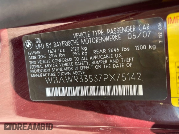 2007 BMW 3 Series 328i with VIN WBAWR33537PX75142, listed as a Copart auction lot 49962715 with 125,113 mi miles and Clean title. Bid and sale history available at DreamBid. Image 10.