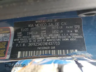 2022 Kia Rio S with VIN 3KPA25AD1NE437713, listed as a Copart auction lot 89347655 with 27,188 mi miles and Salvage Title. Bid and sale history available at DreamBid. Image 12.