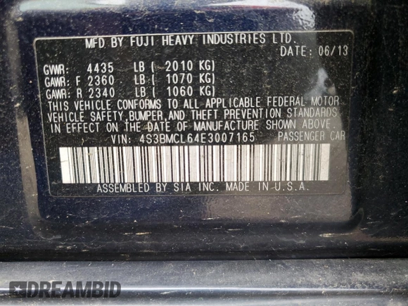 2014 Subaru Legacy Limited with VIN 4S3BMCL64E3007165, listed as a Copart auction lot 54318295 with 102,249 mi miles and Salvage title. Bid and sale history available at DreamBid. Image 12.