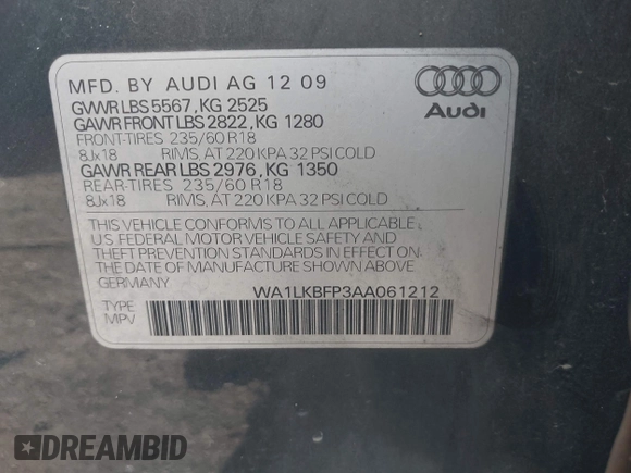 2010 Audi Q5 z VIN WA1LKBFP3AA061212, wystawiony jako IAAI lot #42307742 z przebiegiem 179 897 mil mil oraz . Historia ofert i sprzedaży dostępna na DreamBid. Obrazek 9.