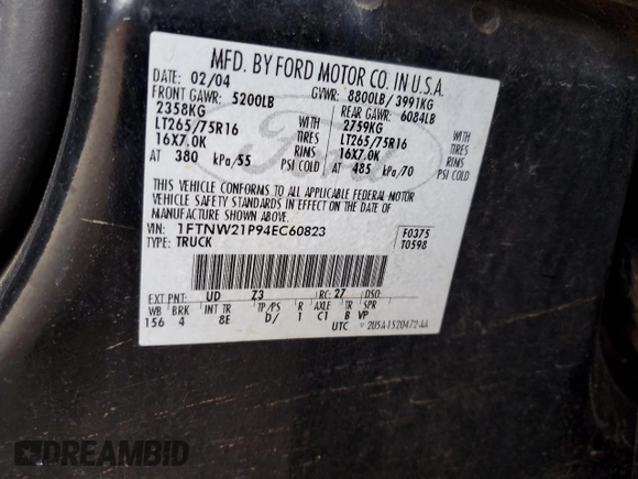 2004 Ford F-250 XL with VIN 1FTNW21P94EC60823, listed as a Copart auction lot 59985235 with 271,459 mi miles and Salvage title. Bid and sale history available at DreamBid. Image 12.