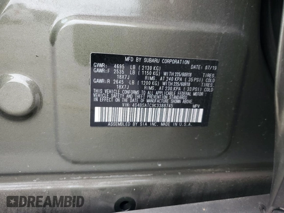 2019 Subaru Outback Touring with VIN 4S4BSATC9K3388745, listed as a Copart auction lot 61030205 with 90,593 mi miles and Salvage title. Bid and sale history available at DreamBid. Image 14.