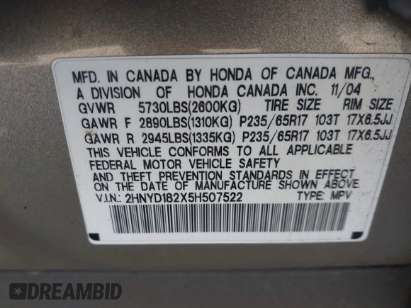 2005 Acura MDX with VIN 2HNYD182X5H507522, listed as a IAAI auction lot 41822441 with 251,716 mi miles. Bid and sale history available at carsss.com. Image 9.