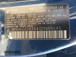 2001 BMW 7 Series 740iA with VIN WBAGG83441DN88645, listed as a Copart auction lot 47243405 with 0 mi miles and Clean Title. Bid and sale history available at carsss.com. Image 12.