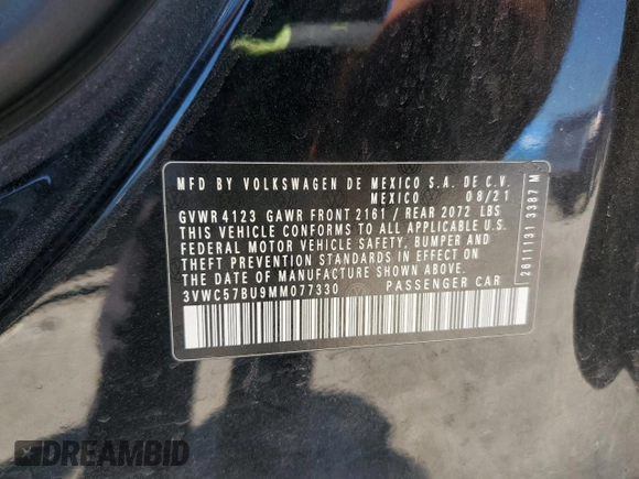 2021 Volkswagen Jetta S with VIN 3VWC57BU9MM077330, listed as a Copart auction lot 57693665 with 71,715 mi miles and Salvage title. Bid and sale history available at DreamBid. Image 12.