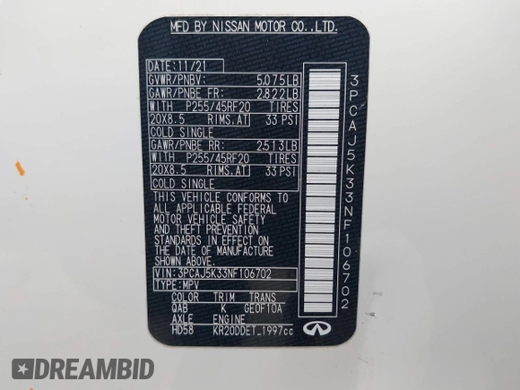2022 Infiniti QX55 Essential with VIN 3PCAJ5K33NF106702, listed as a IAAI auction lot 41396756 with 20,580 mi miles and . Bid and sale history available at DreamBid. Image 9.