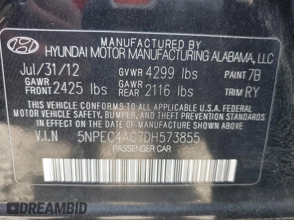 2013 Hyundai Sonata Limited with VIN 5NPEC4AC7DH573855, listed as a Copart auction lot 54483005 with 171,607 mi miles and Salvage Title. Bid and sale history available at carsss.com. Image 13.