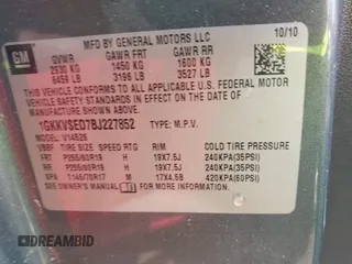 2011 GMC Acadia SLT2 with VIN 1GKKVSED7BJ227852, listed as a IAAI auction lot 42410846 with 246,072 mi miles and . Bid and sale history available at DreamBid. Image 9.