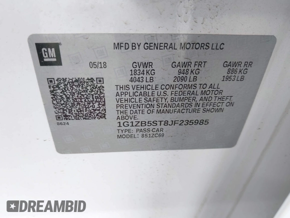 2018 Chevrolet Malibu LS with VIN 1G1ZB5ST8JF235985, listed as a IAAI auction lot 41908484 with 52,912 mi miles and . Bid and sale history available at DreamBid. Image 9.
