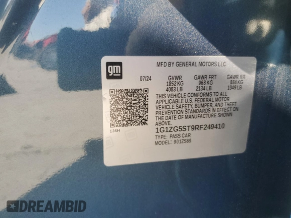 2024 Chevrolet Malibu RS with VIN 1G1ZG5ST9RF249410, listed as a Copart auction lot 42213895 with 2,065 mi miles and Salvage Title. Bid and sale history available at DreamBid. Image 13.