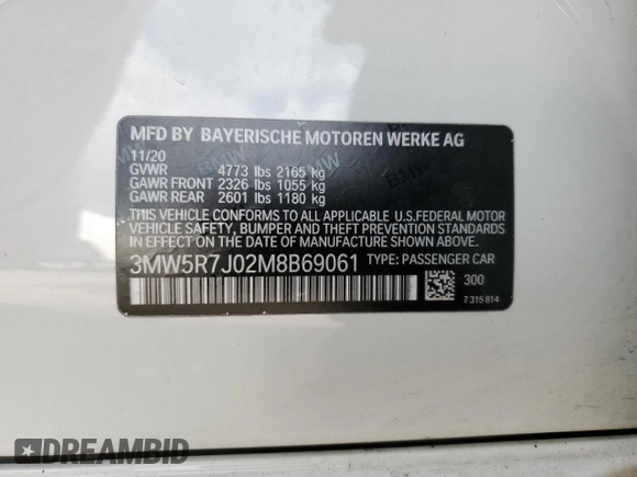 2021 BMW 3 Series 330i xDrive with VIN 3MW5R7J02M8B69061, listed as a Copart auction lot 42602125 with 0 mi miles and Salvage Title. Bid and sale history available at carsss.com. Image 14.