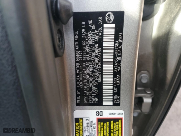 2021 Lexus ES with VIN 58AD11D14MU006488, listed as a Copart auction lot 41811895 with NaN miles and Salvage Title. Bid and sale history available at carsss.com. Image 14.
