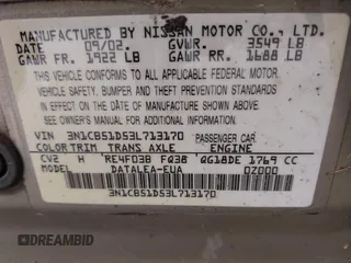 2003 Nissan Sentra XE with VIN 3N1CB51D53L713170, listed as a IAAI auction lot 40382376 with 104,505 mi miles and . Bid and sale history available at DreamBid. Image 9.
