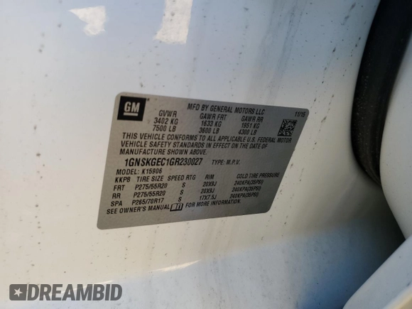 2016 Chevrolet Suburban LS with VIN 1GNSKGEC1GR230027, listed as a Copart auction lot 47286775 with 0 mi miles and Non Repairable. Bid and sale history available at carsss.com. Image 13.