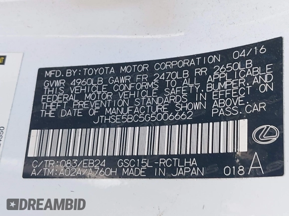 2016 Lexus RC with VIN JTHSE5BC5G5006662, listed as a IAAI auction lot 41665715 with 51,378 mi miles. Bid and sale history available at carsss.com. Image 9.