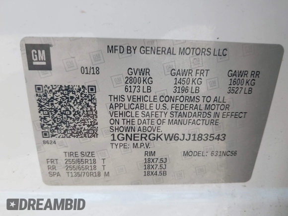 2018 Chevrolet Traverse LT Cloth with VIN 1GNERGKW6JJ183543, listed as a IAAI auction lot 42471508 with 78,888 mi miles and . Bid and sale history available at DreamBid. Image 9.