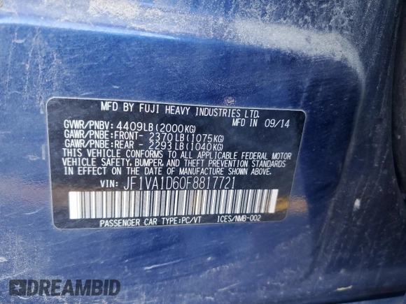 2015 Subaru WRX Premium z VIN JF1VA1D60F8817721, wystawiony jako Copart lot #58875115 z przebiegiem 23 282 mil mil oraz Szkoda całkowita • Salvage title. Historia ofert i sprzedaży dostępna na DreamBid. Obrazek 11.