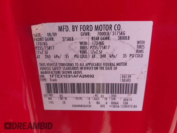 2010 Ford F-150 XL with VIN 1FTEX1E81AFA26692, listed as a IAAI auction lot 42088906 with 216,583 mi miles. Bid and sale history available at carsss.com. Image 9.